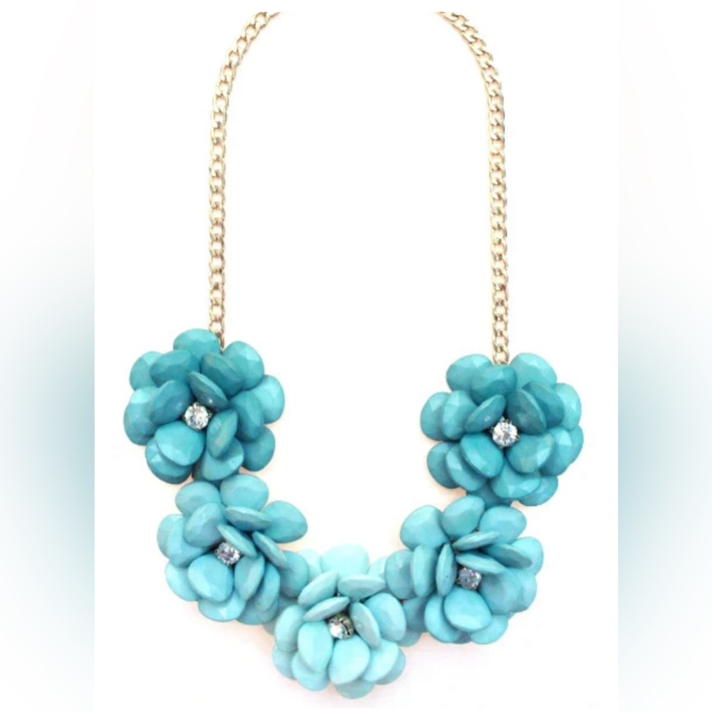 Mint Green Statement Rosette Necklace with Rhinestones in Gold Tone Setting